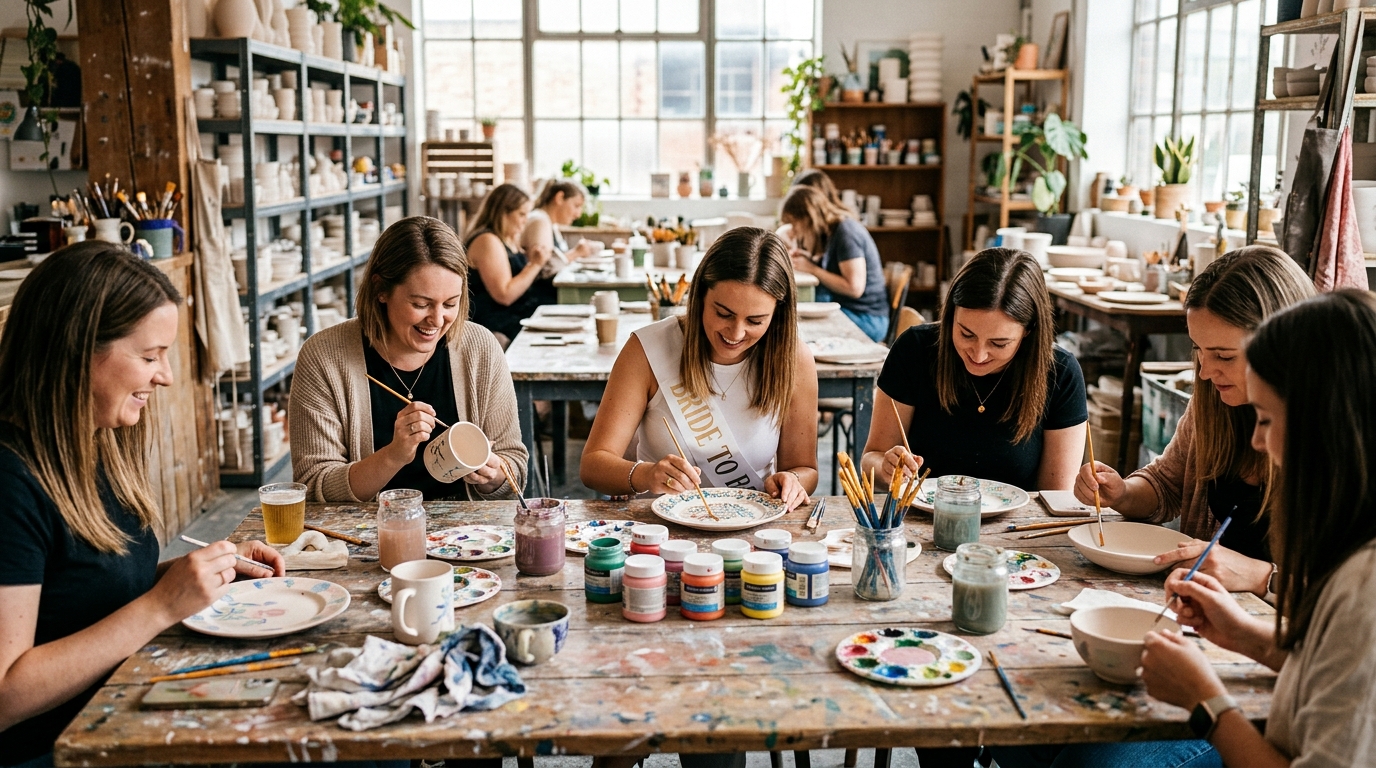Group of women at a pottery painting class for a hen party, colourful paints on the table