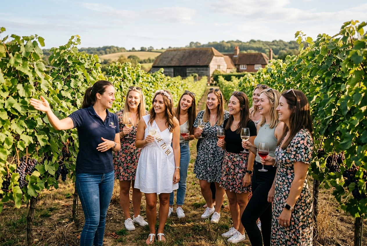 Hen party at a UK vineyard tour, standing among grapevines with wine glasses, golden afternoon light
