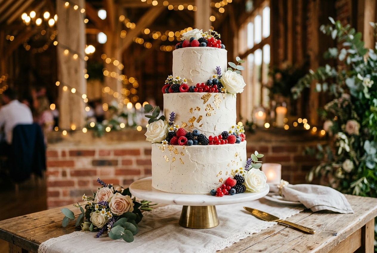 Elegant three-tier vegan wedding cake decorated with fresh berries, edible flowers, and gold leaf on a marble stand