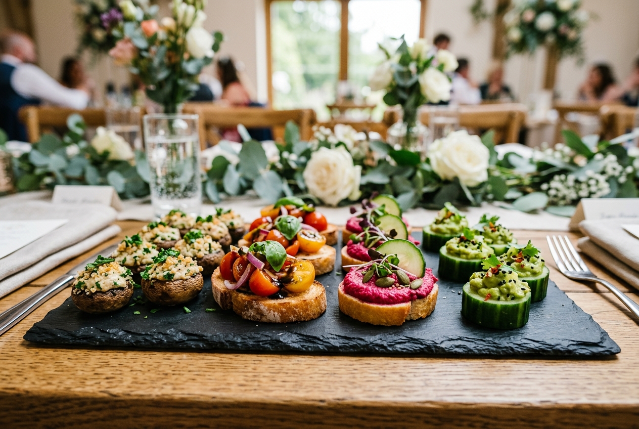 Selection of colourful plant-based vegan wedding canapes on a slate board — bruschetta, stuffed mushrooms, beetroot hummus on crostini