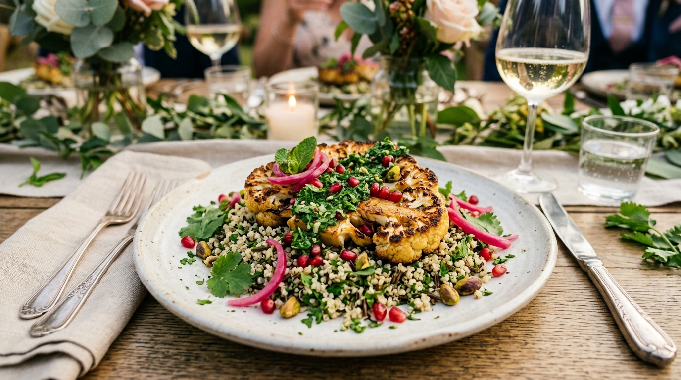 Colourful vegan wedding main course — roasted cauliflower steak with chimichurri, pomegranate seeds, and quinoa on a ceramic plate