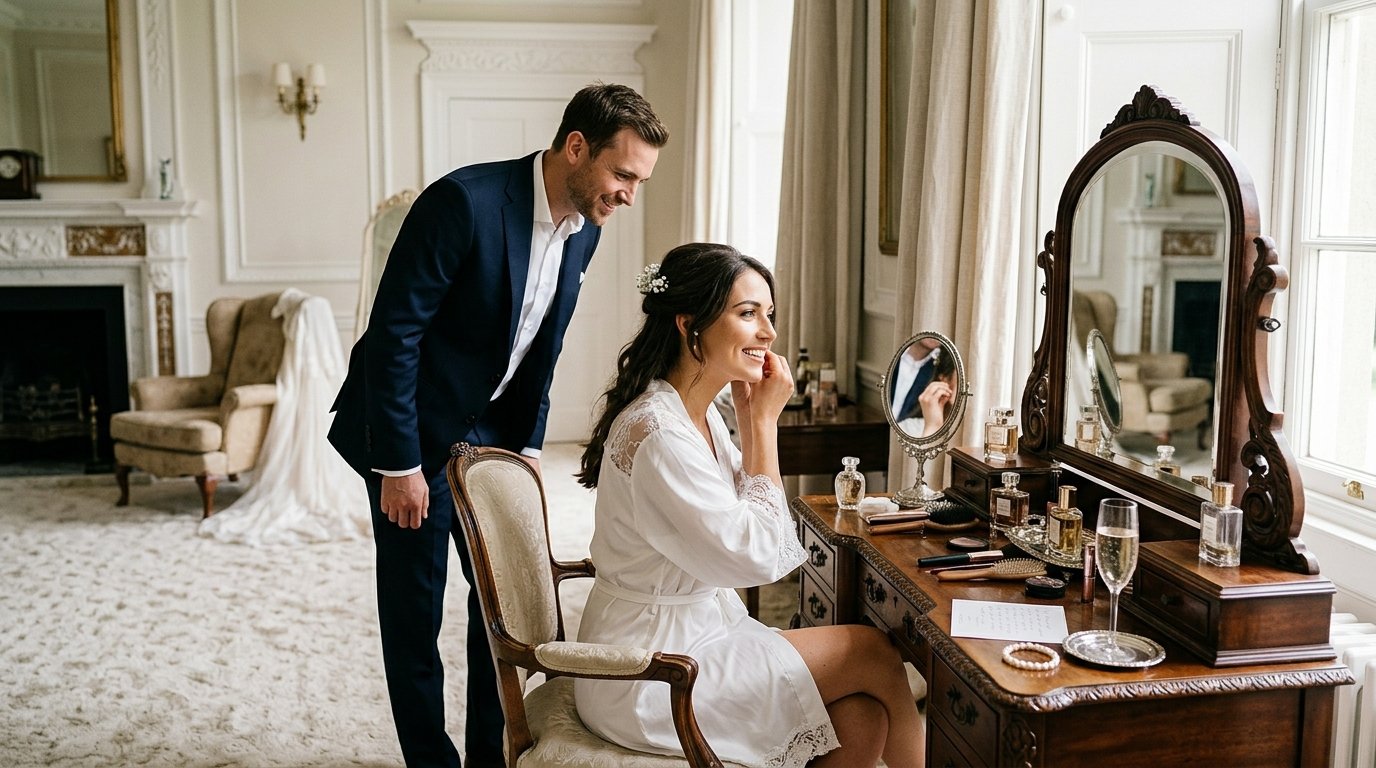 Couple in the bridal suite getting ready on wedding morning, bride at a vintage dressing table with champagne