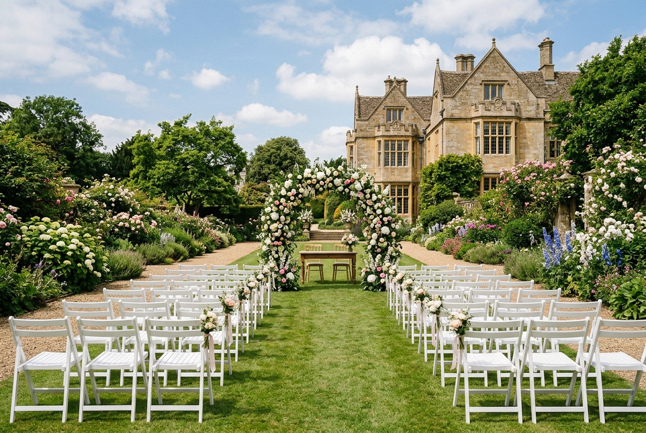 Outdoor wedding ceremony setup in an English garden, white chairs, floral arch, stately home in background