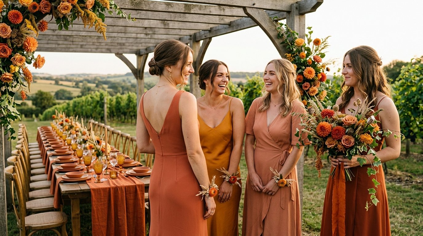Dress and bridesmaid styling for Verona Sunset Orange: The 2026 Wedding Palette