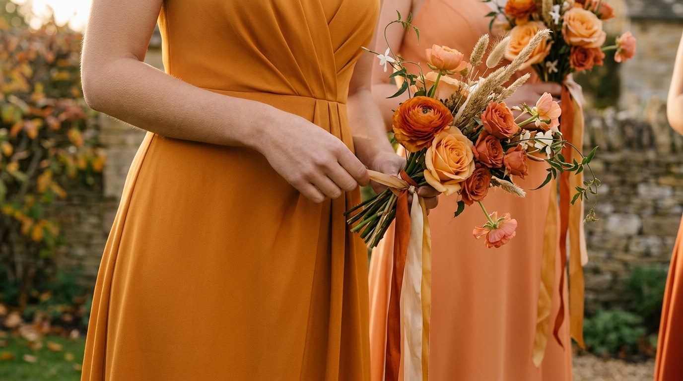 Dress and bridesmaid styling for Verona Sunset Orange: The 2026 Wedding Palette