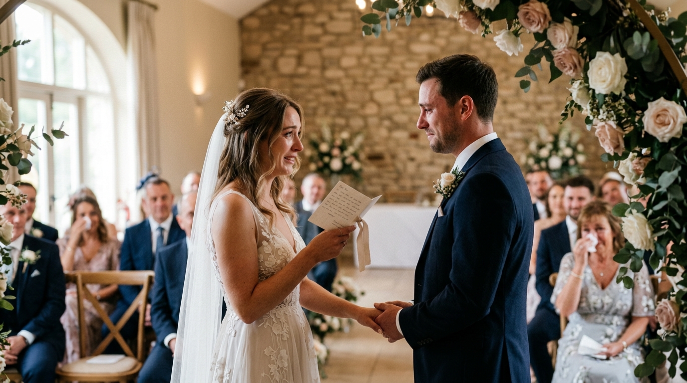 Bride reading personal vows from a small card to her groom, both emotional, natural light