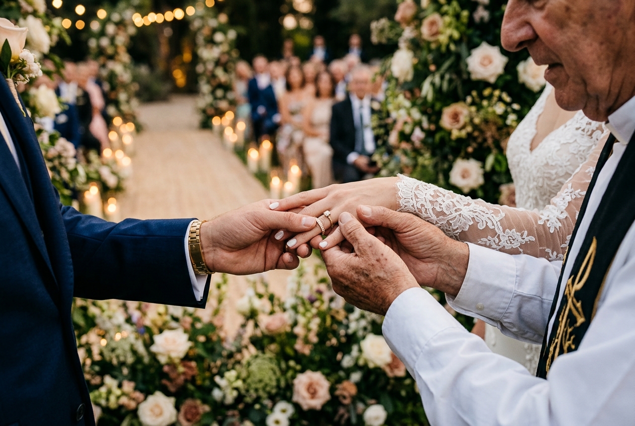 Close-up of hands exchanging wedding rings, officiant guiding, bokeh flowers and candles