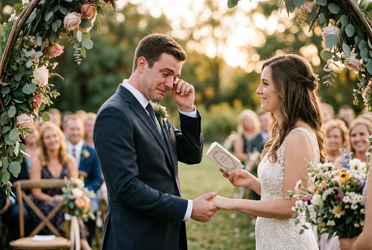 Groom emotional listening to bride's vows, wiping his eye, bride holding his hand, natural light