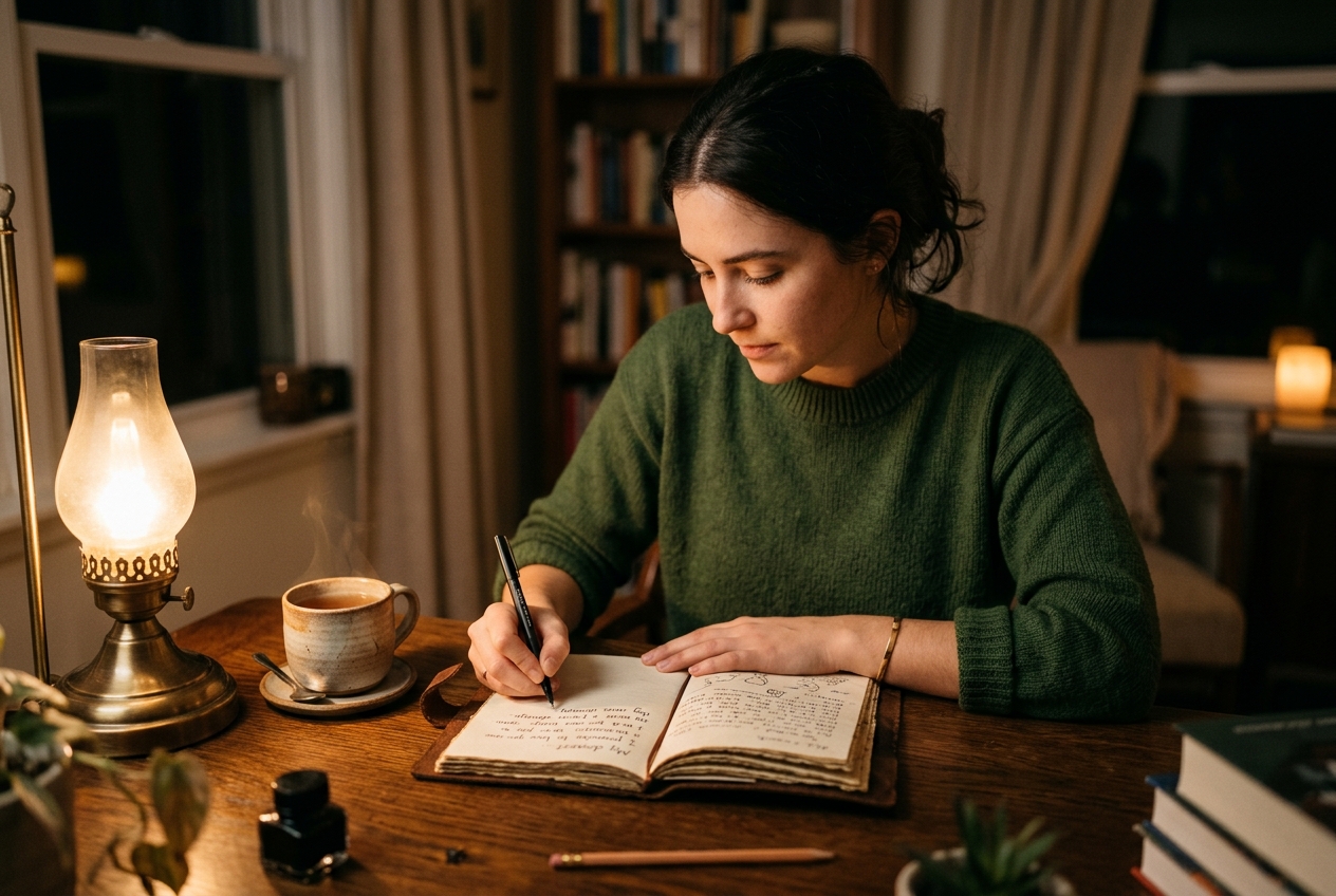 Person writing wedding vows in a leather notebook, pen, tea, desk lamp, evening scene