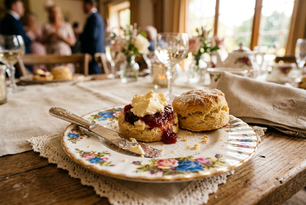 Close-up of warm scones with clotted cream and strawberry jam on vintage floral china at a wedding afternoon tea