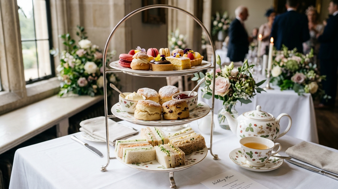 Classic three-tier afternoon tea stand at an elegant UK wedding — finger sandwiches, scones with cream, and miniature cakes