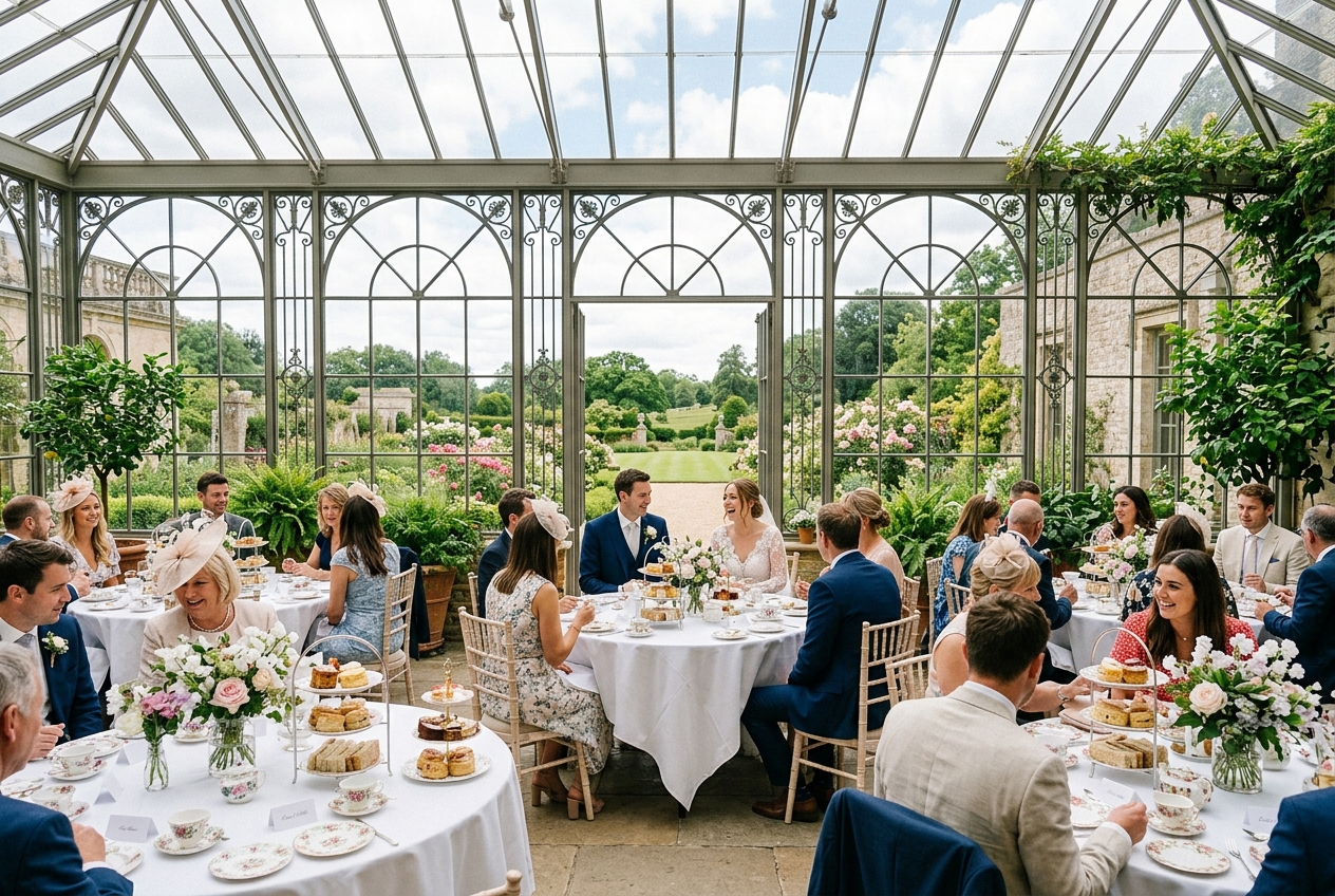 Elegant afternoon tea wedding reception in a bright English country house orangery with round tables, floral centrepieces, and tall windows