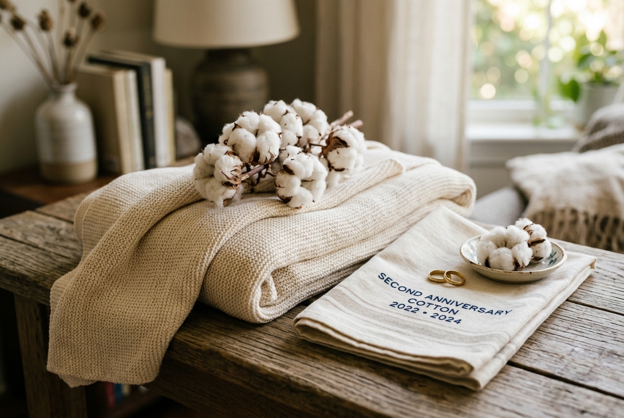 Second anniversary cotton theme — soft cotton blanket folded with cotton bolls, cotton tea towel