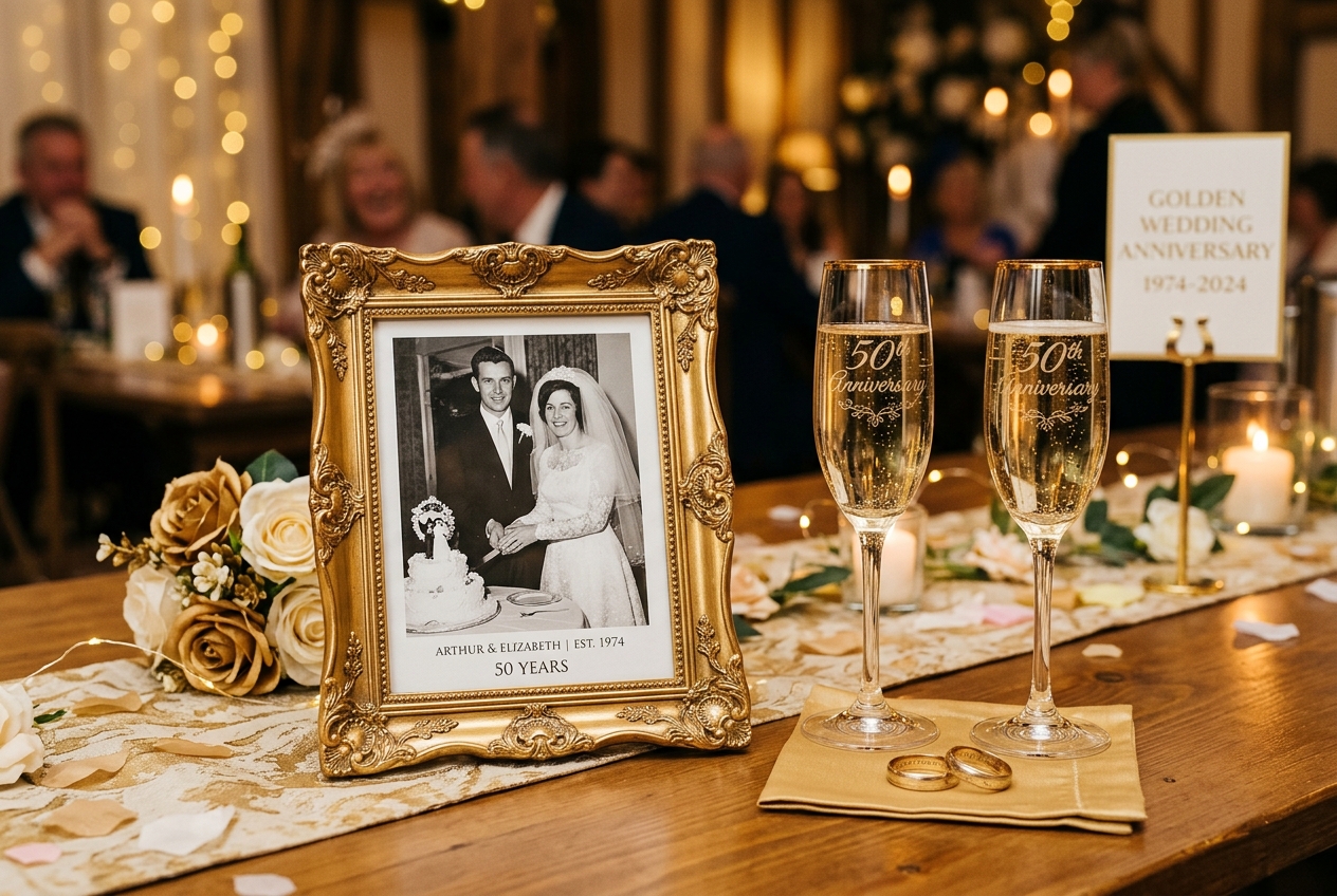 50th golden wedding anniversary — gold rings, gold photo frame with vintage wedding photo, gold flutes