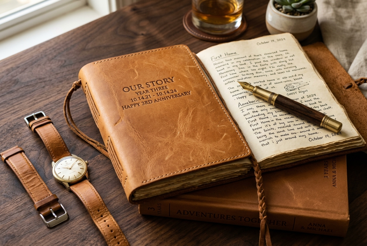 Third anniversary leather theme — tan leather journal with fountain pen, leather watch strap, leather book
