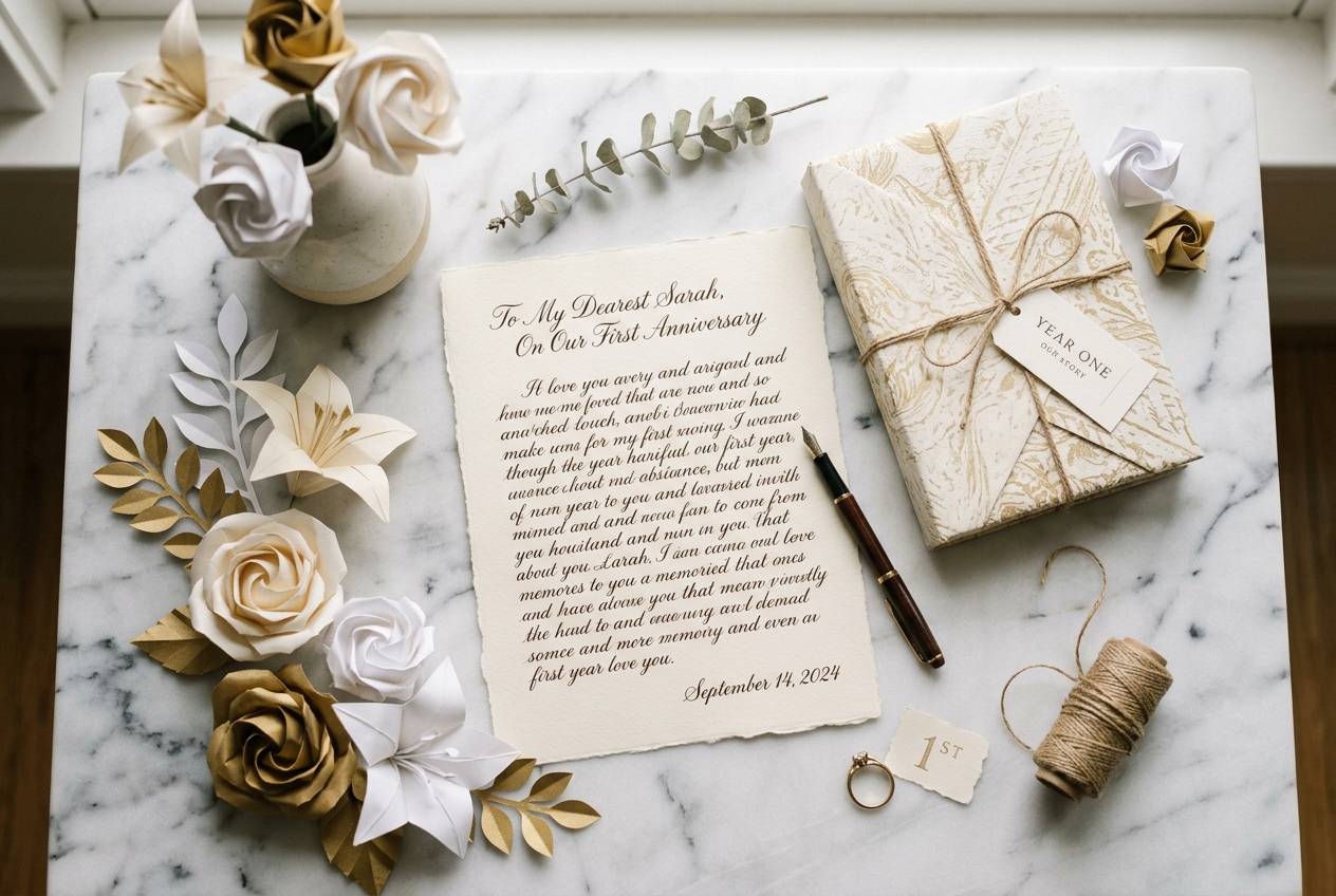 First anniversary paper gift theme — handwritten love letter, paper origami flowers, paper-wrapped book