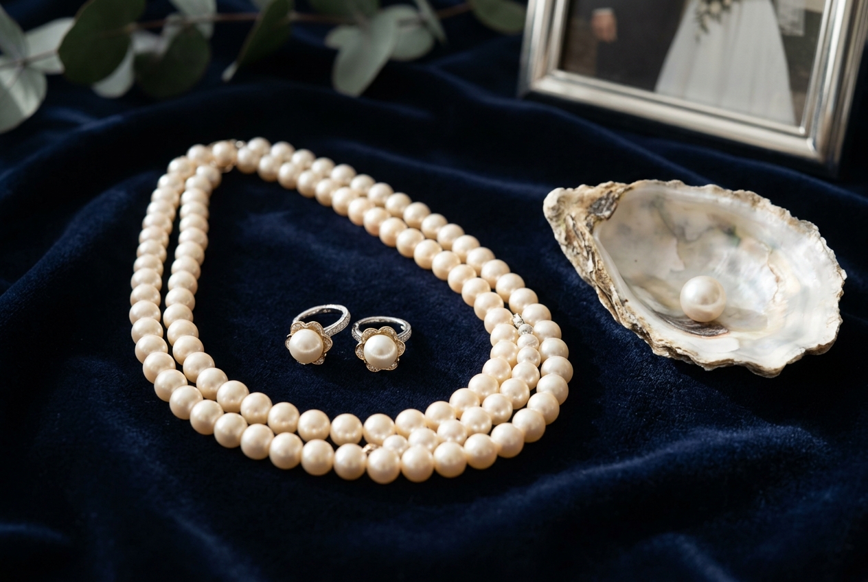 30th pearl wedding anniversary — string of pearls on dark velvet, pearl earrings, oyster shell, lustrous