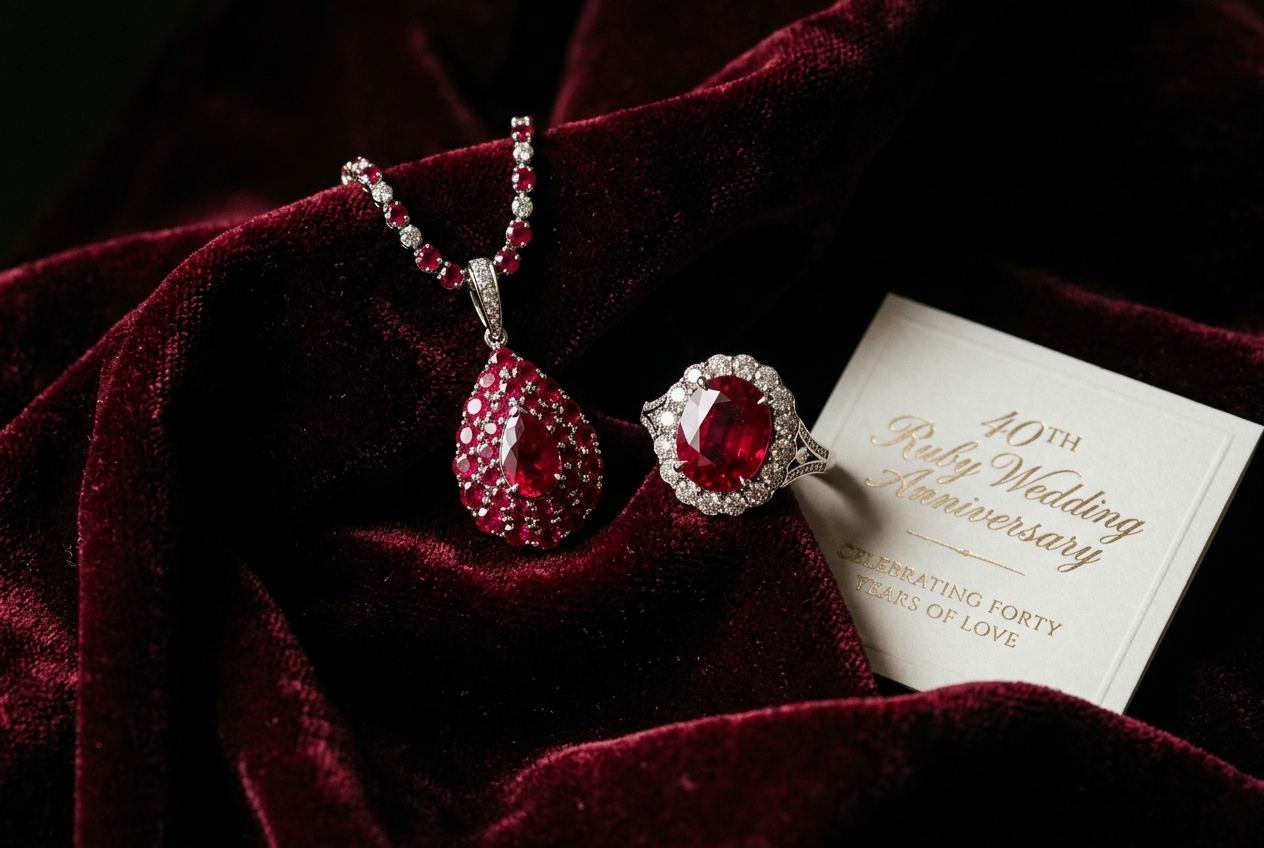 40th ruby wedding anniversary — deep red ruby jewellery on dark velvet, ruby pendant, ruby ring