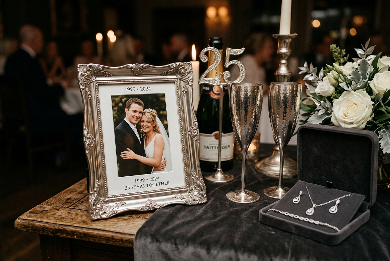25th silver wedding anniversary — silver photo frame with wedding photo, silver champagne flutes, silver jewellery on velvet