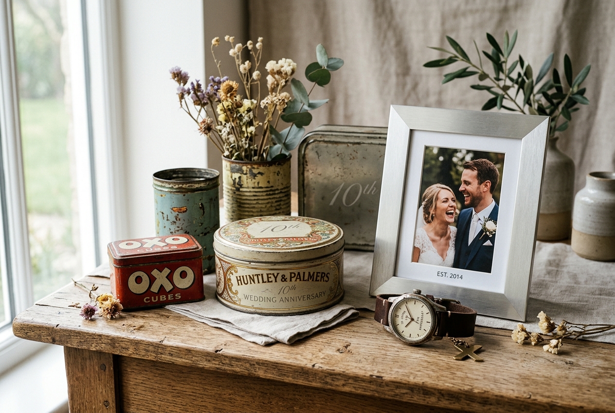 Tenth anniversary tin and aluminium gifts — vintage tin keepsake box, tin photo frame, tin candle holder