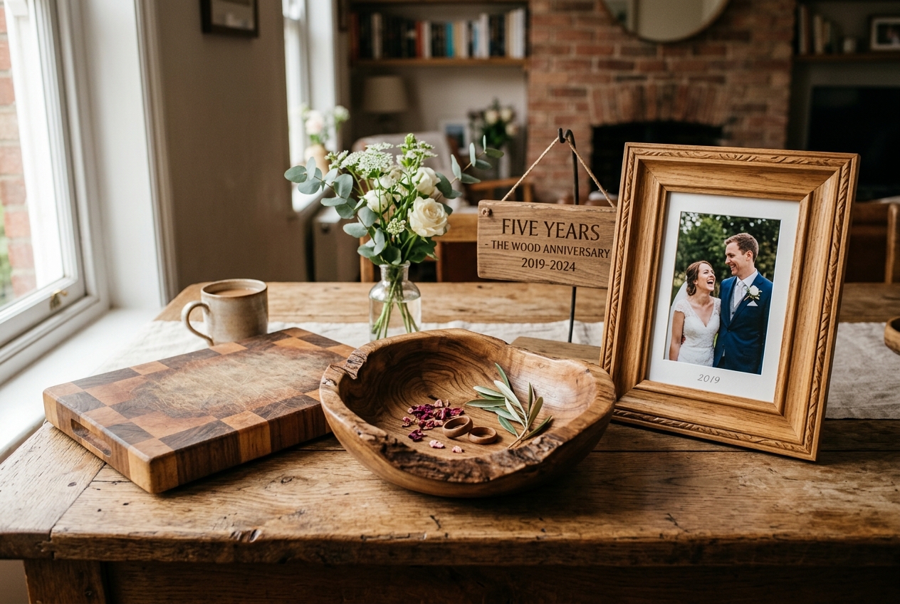 Fifth anniversary wood theme — hand-carved wooden bowl, cutting board, wedding photo in wooden frame