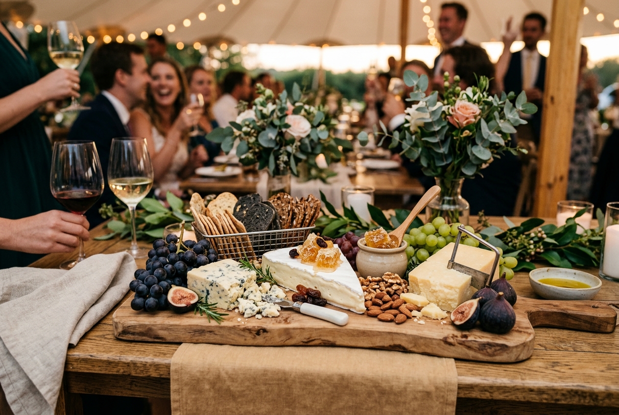 Rustic artisan cheese board with brie, stilton, grapes, figs, and crackers on a large wooden board