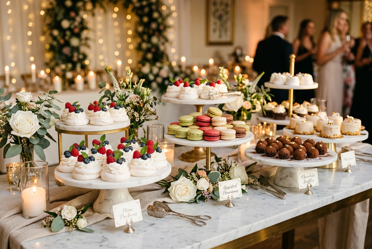 Wedding dessert buffet table with mini pavlovas, macarons, and chocolate truffles on tiered stands
