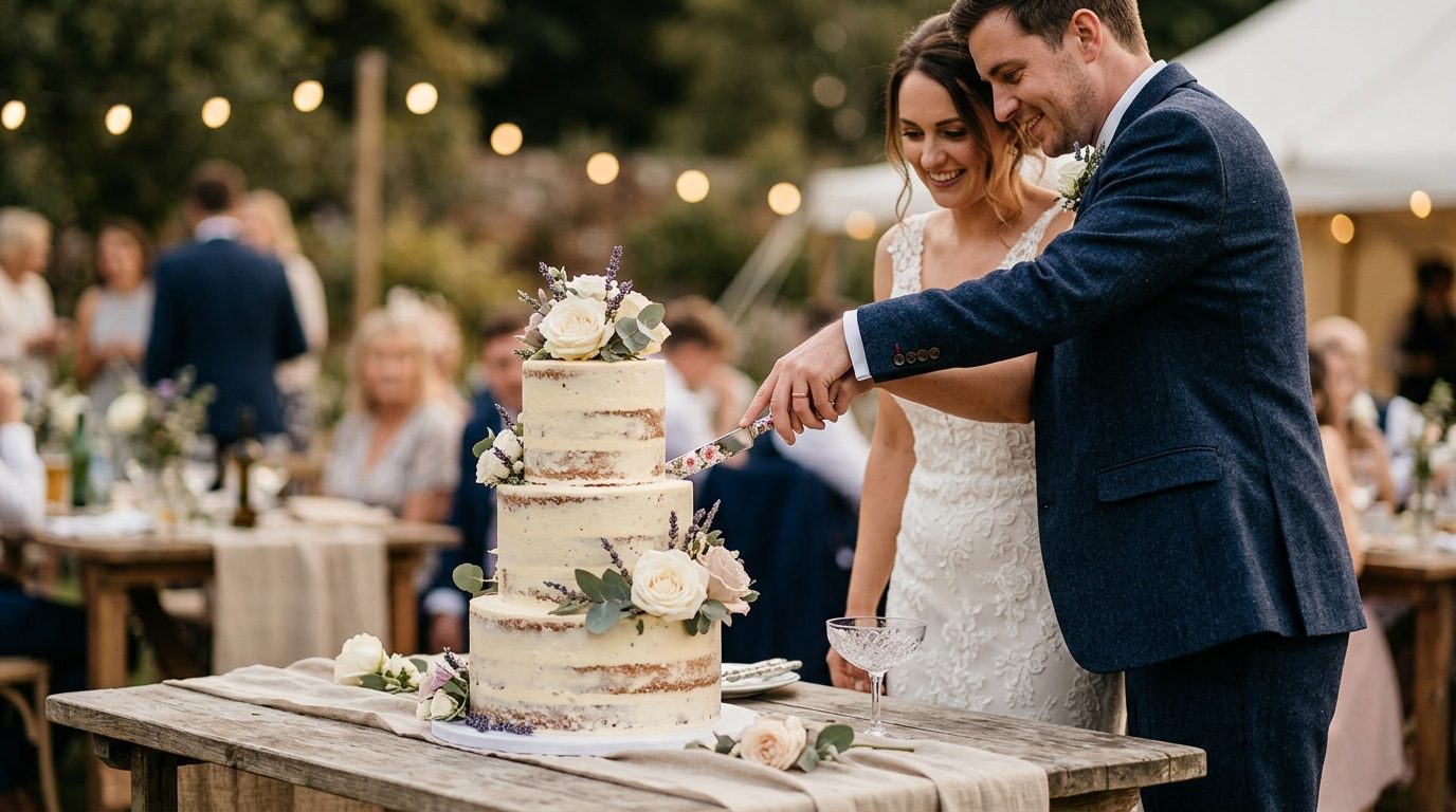 The cake cutting moment for Wedding Cake Flavours and Designs: UK Guide
