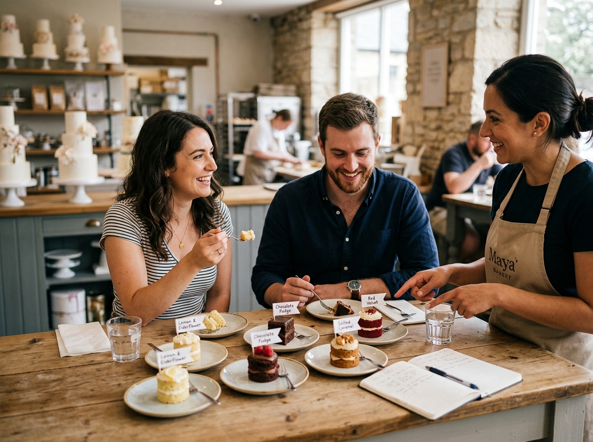 A couple at a cake tasting session sampling different flavours