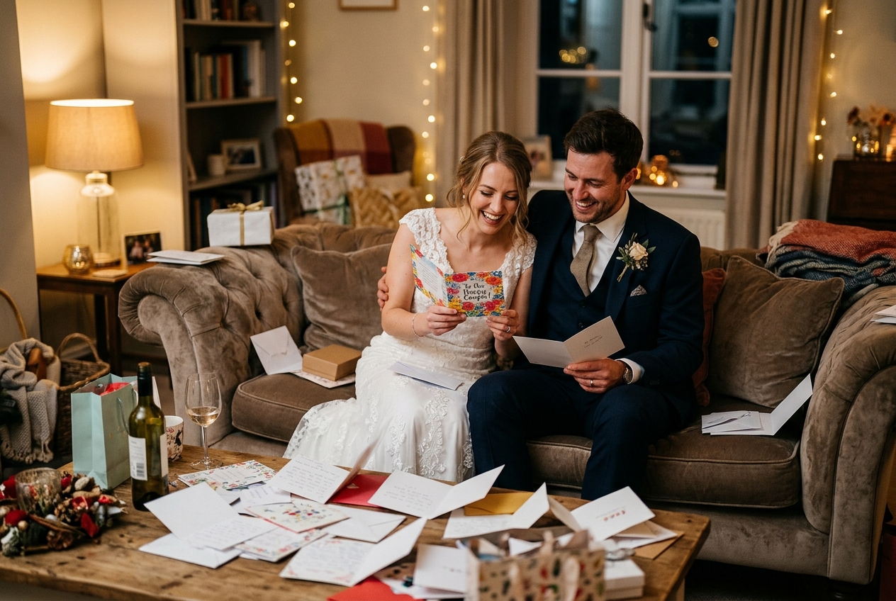 Newlywed couple reading their wedding cards together after the reception, still in wedding attire