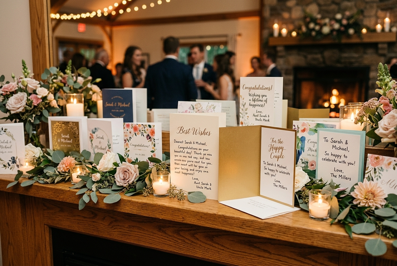 Beautiful wedding cards displayed on a mantelpiece at a reception, various designs, flowers and candles
