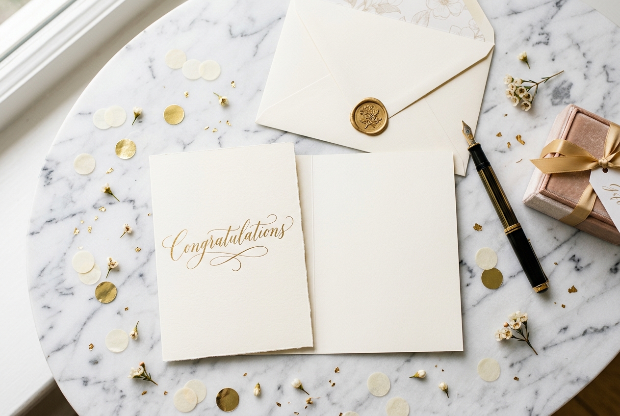An open blank wedding card with gold foil, a fountain pen, envelope, confetti, and gift box on marble