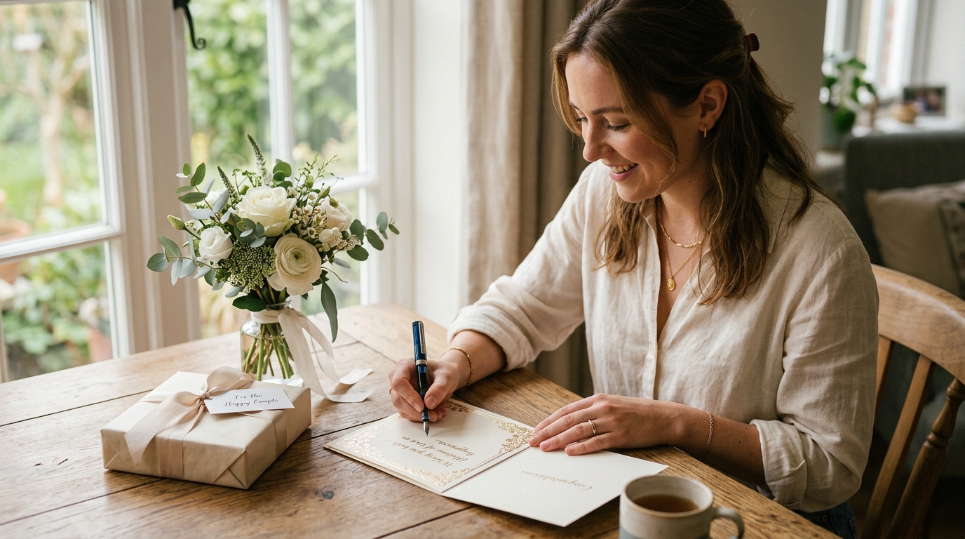 Woman writing inside a wedding card with a fountain pen, flowers and a gift beside it