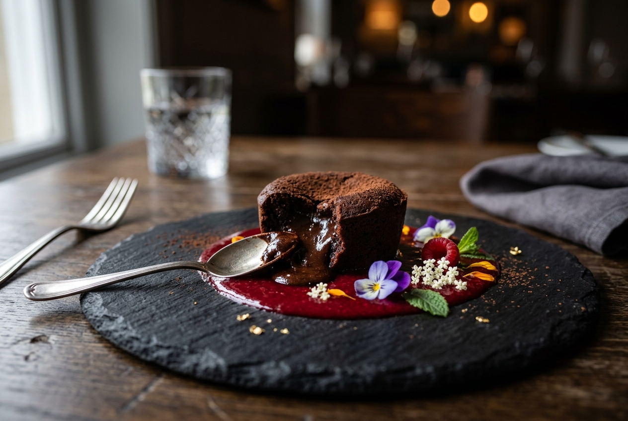 Individual wedding dessert — dark chocolate fondant with raspberry coulis and edible flowers on a slate plate
