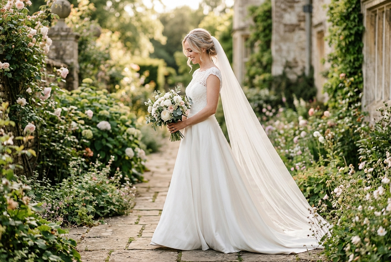 Bride wearing classic A-line wedding dress, the universally flattering silhouette, side profile
