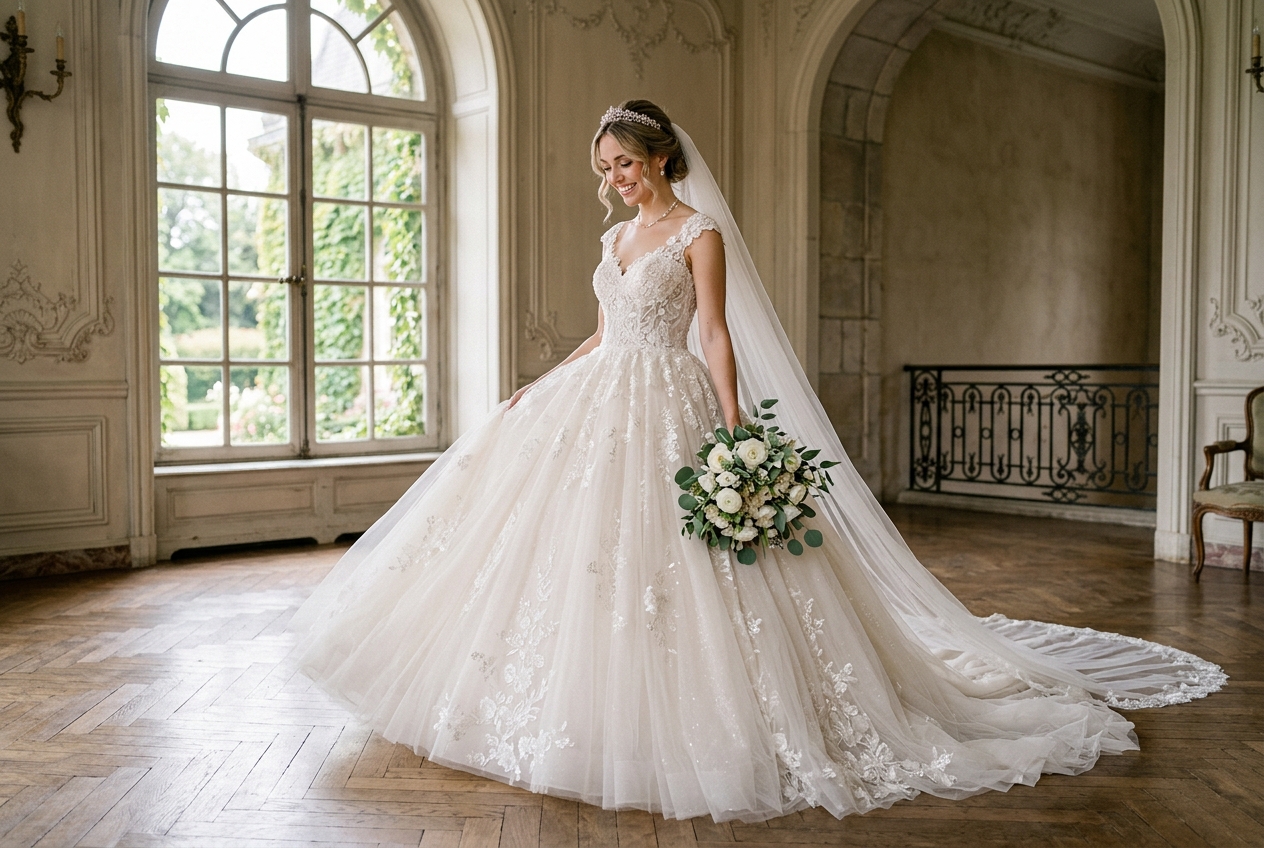 Bride wearing voluminous ballgown wedding dress, princess-style, full tulle skirt, fairytale