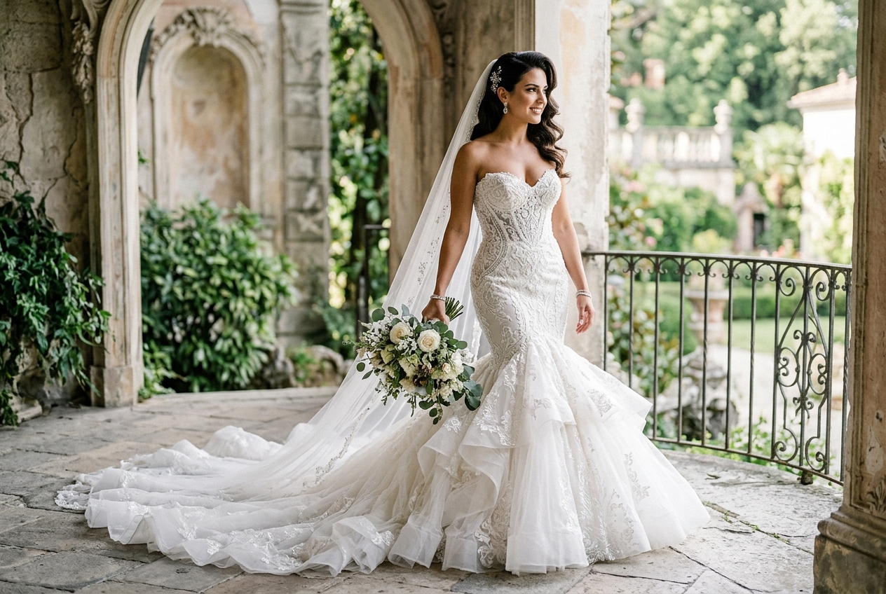Bride wearing dramatic mermaid silhouette wedding dress, fitted to mid-thigh then flaring out