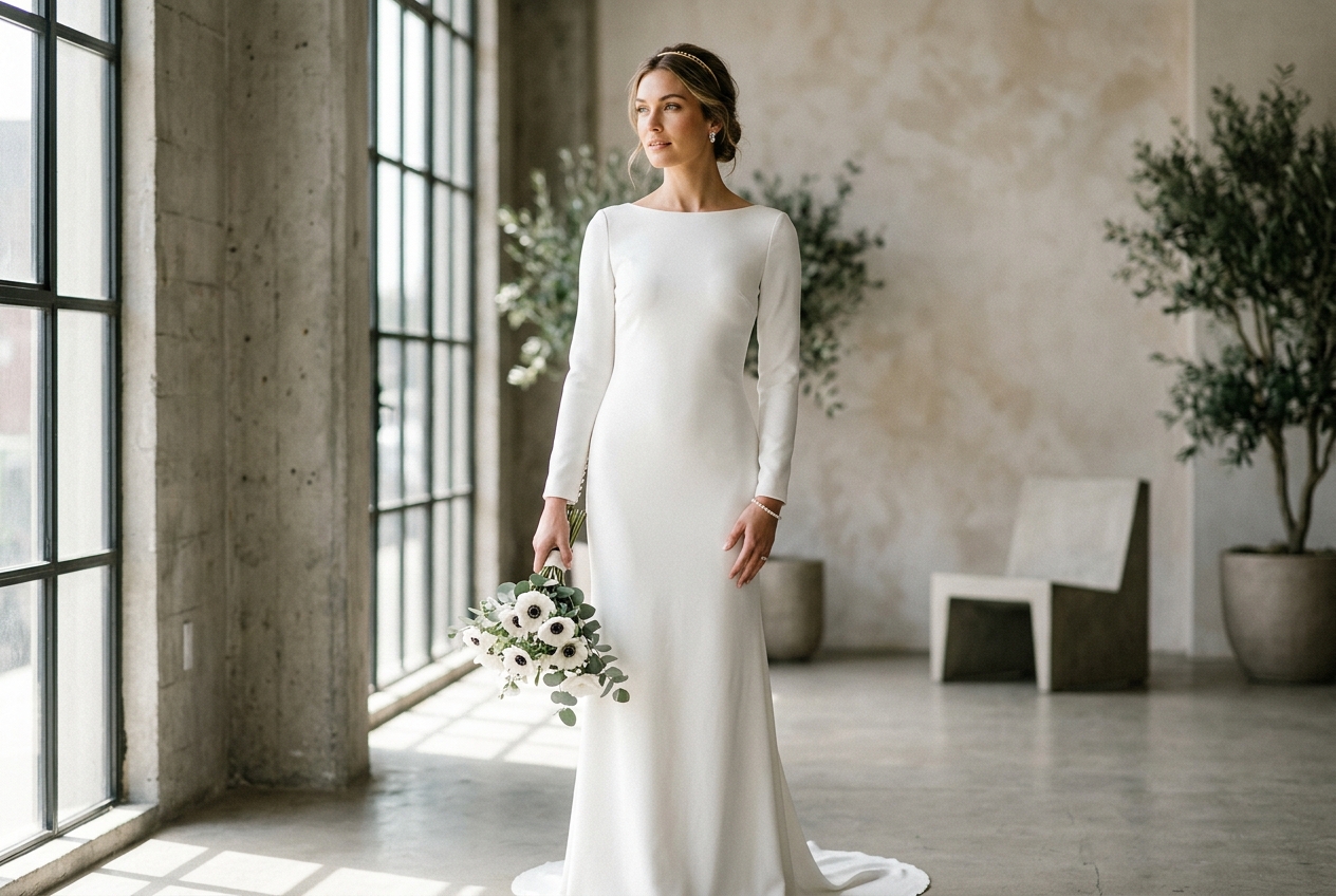 Bride in modern sheath silhouette wedding dress, slim column shape, minimalist and chic