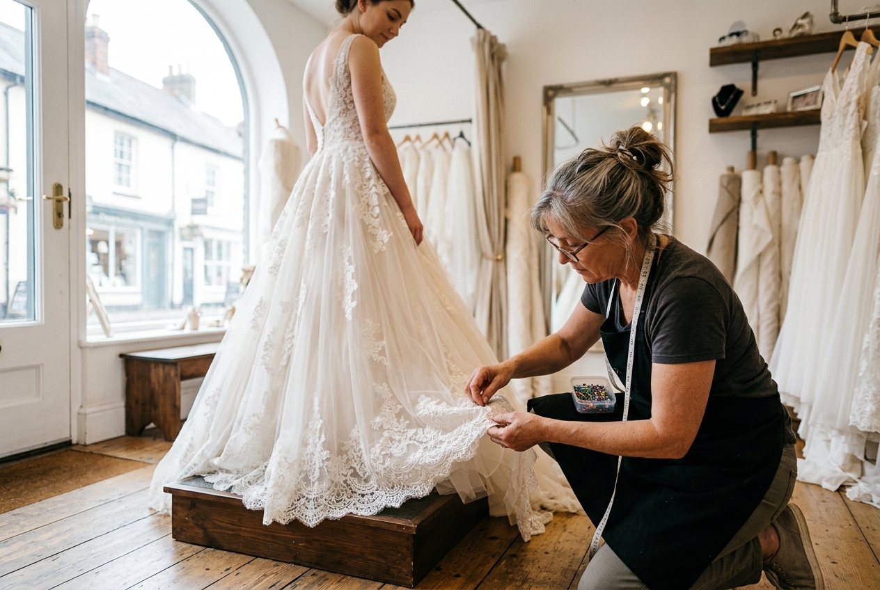 Bridal seamstress pinning the hem of a wedding dress for alterations, focused work