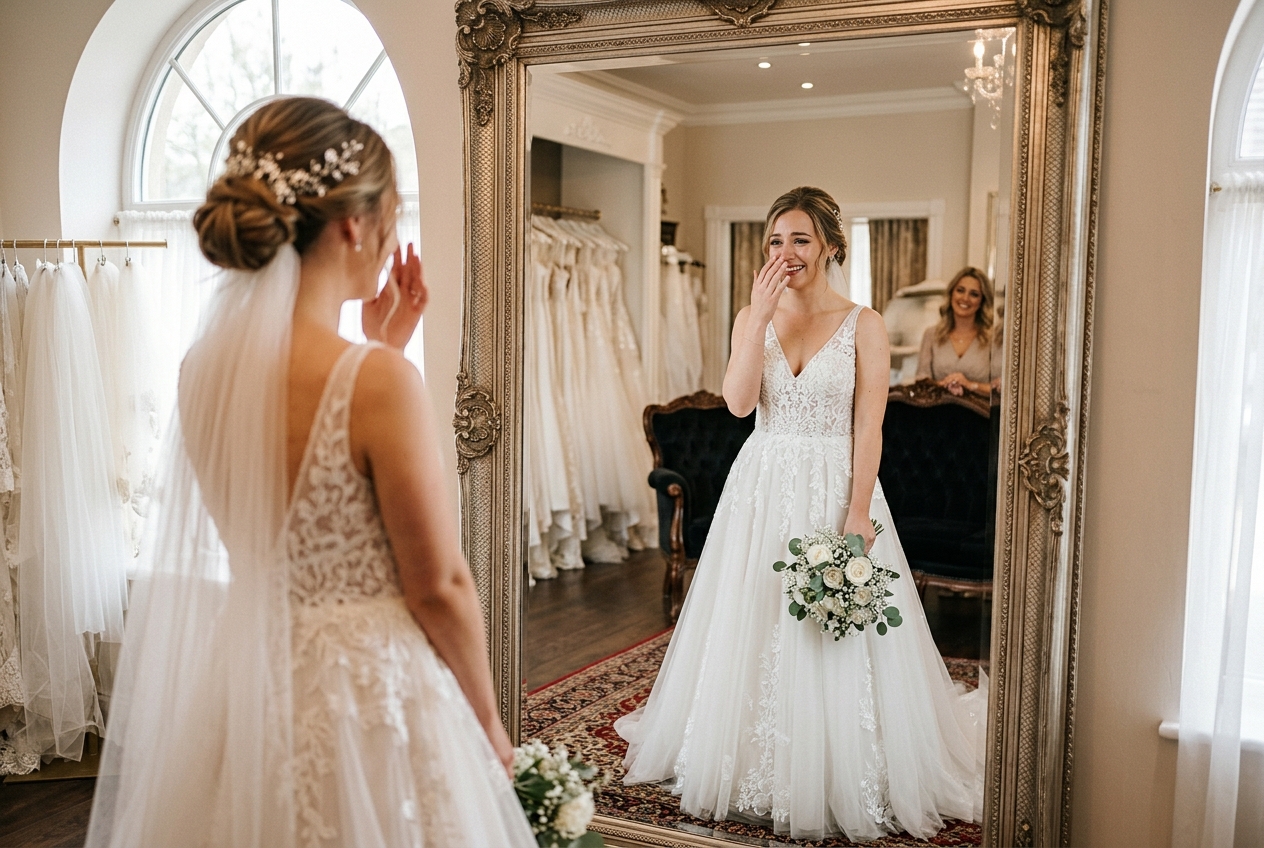 Bride looking at herself in a bridal boutique mirror wearing a wedding dress, emotional reaction