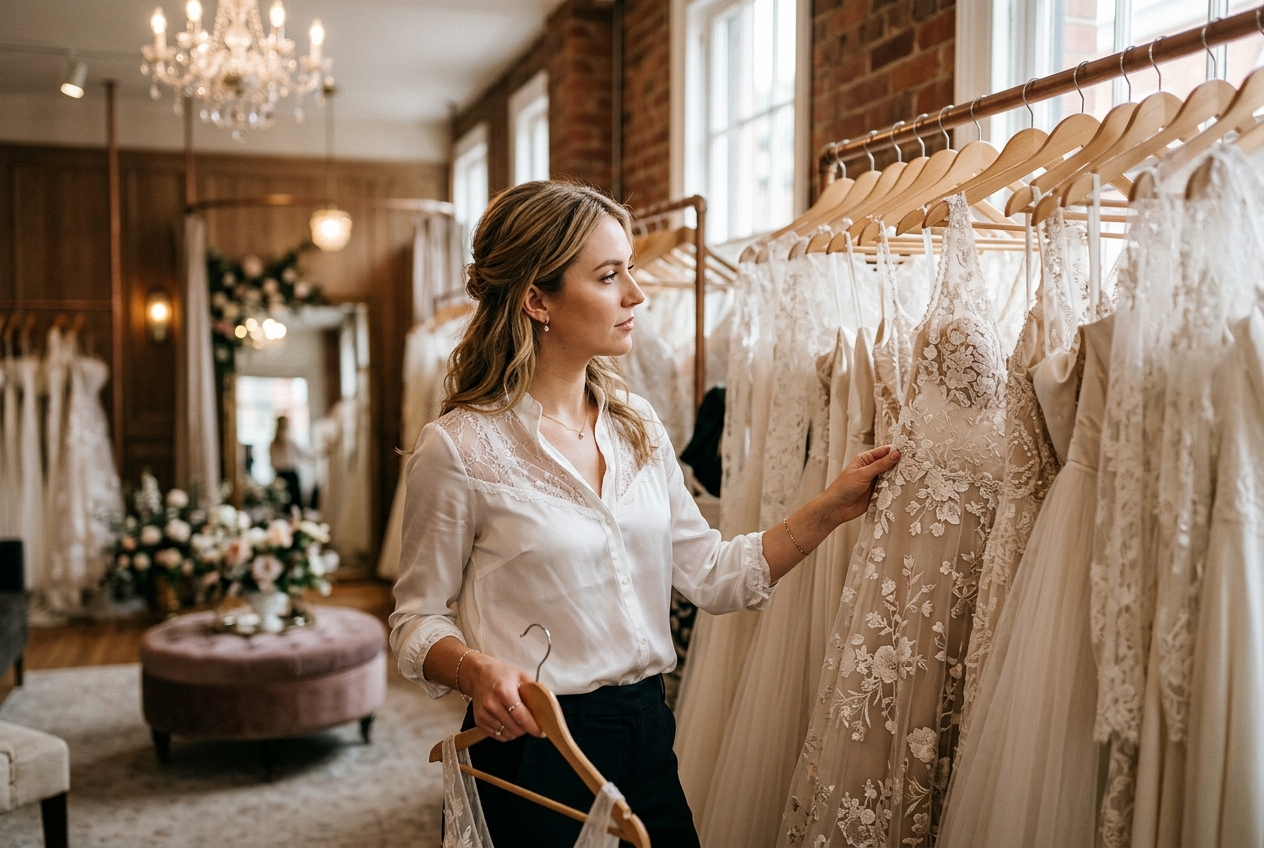 Bride browsing a rail of wedding dresses, hand touching one, focused and considering