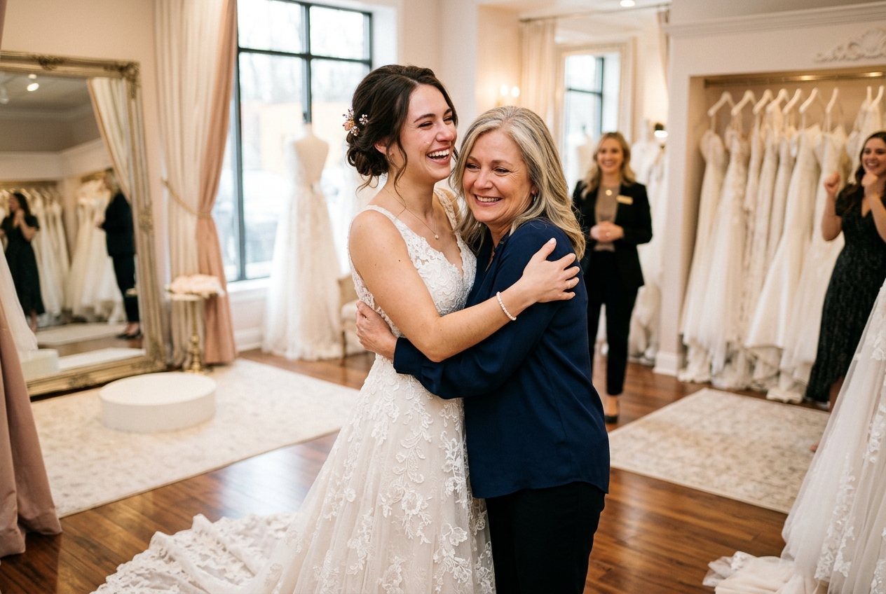 Bride saying yes to the dress moment, hugging her mother in joy in a bridal boutique