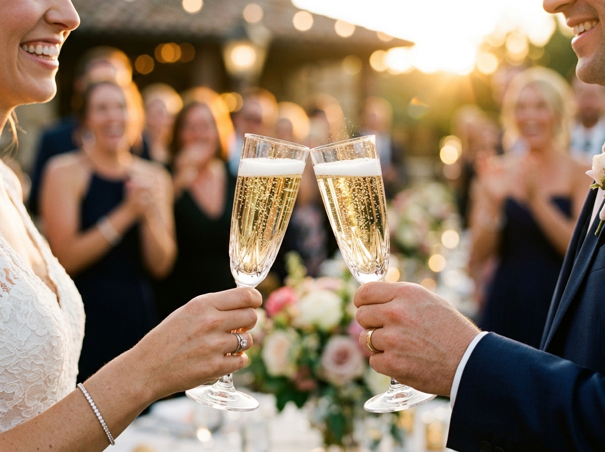 Champagne flutes being clinked during a wedding toast