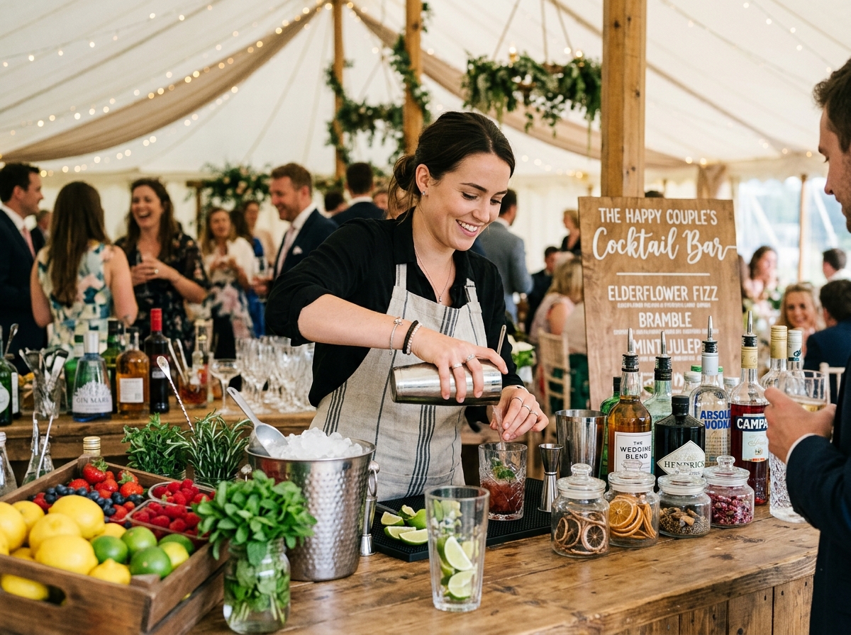 Stylish cocktail making station at a wedding marquee