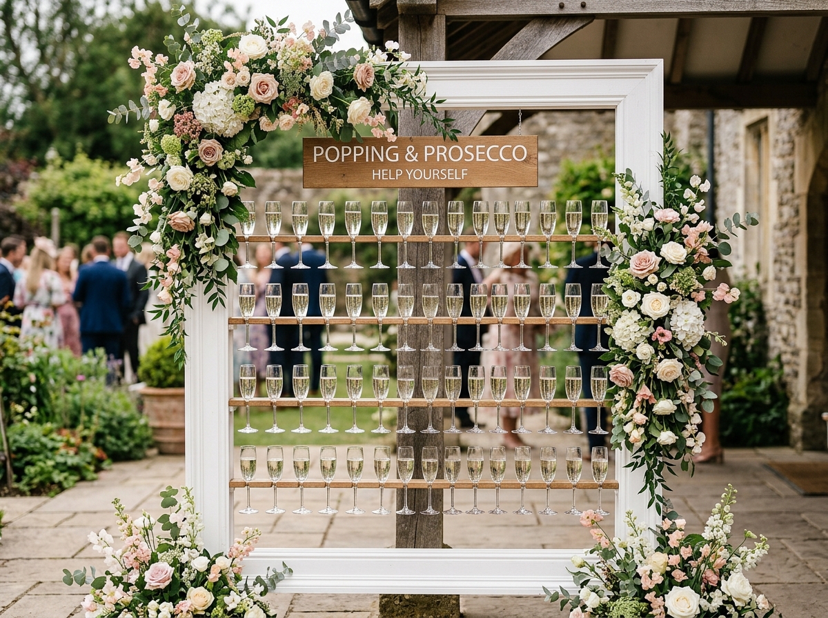 Prosecco wall display with champagne flutes at a UK wedding venue