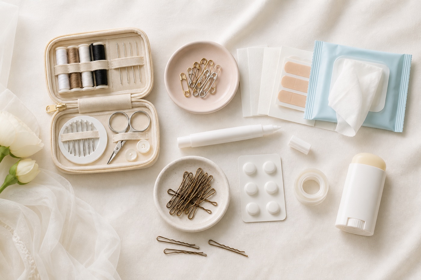 Wedding emergency kit flatlay