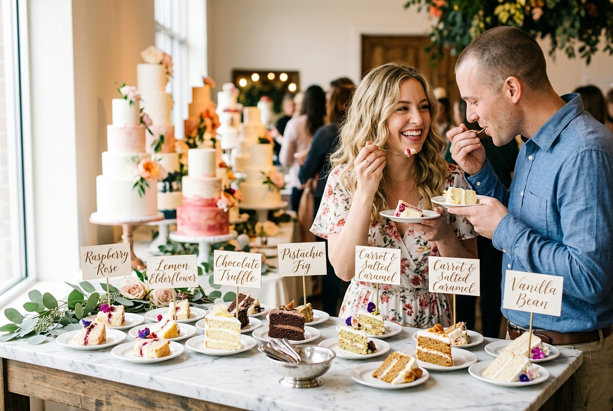 Wedding cake tasting station at a bridal fair with small slices and tiered display cakes