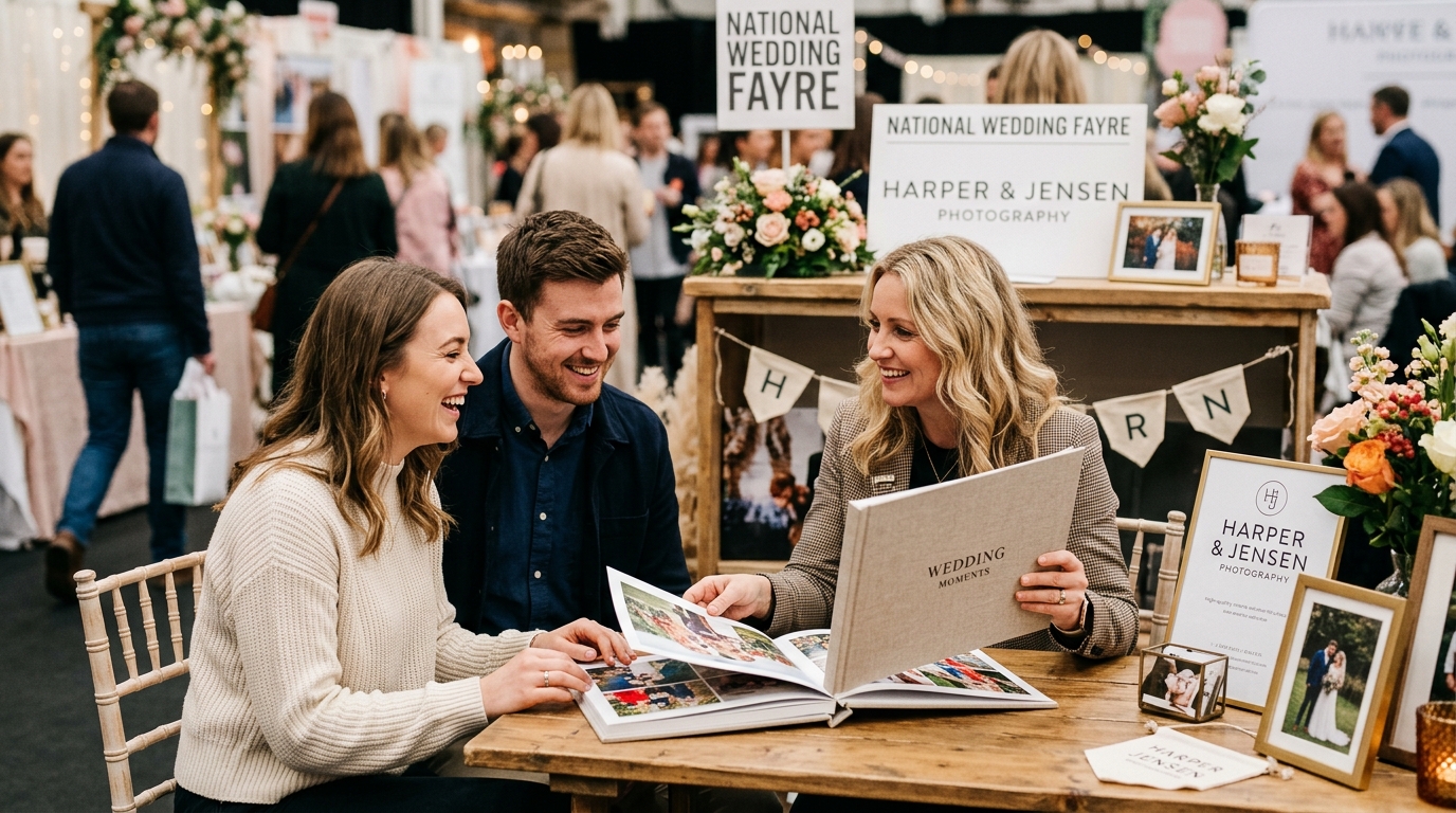 Engaged couple in conversation with a wedding photographer at their stand, looking at a portfolio album