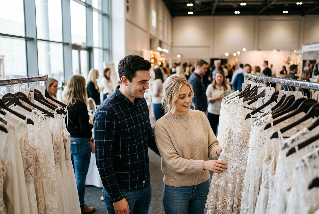 Engaged couple looking at wedding dresses on a rail at a bridal exhibition