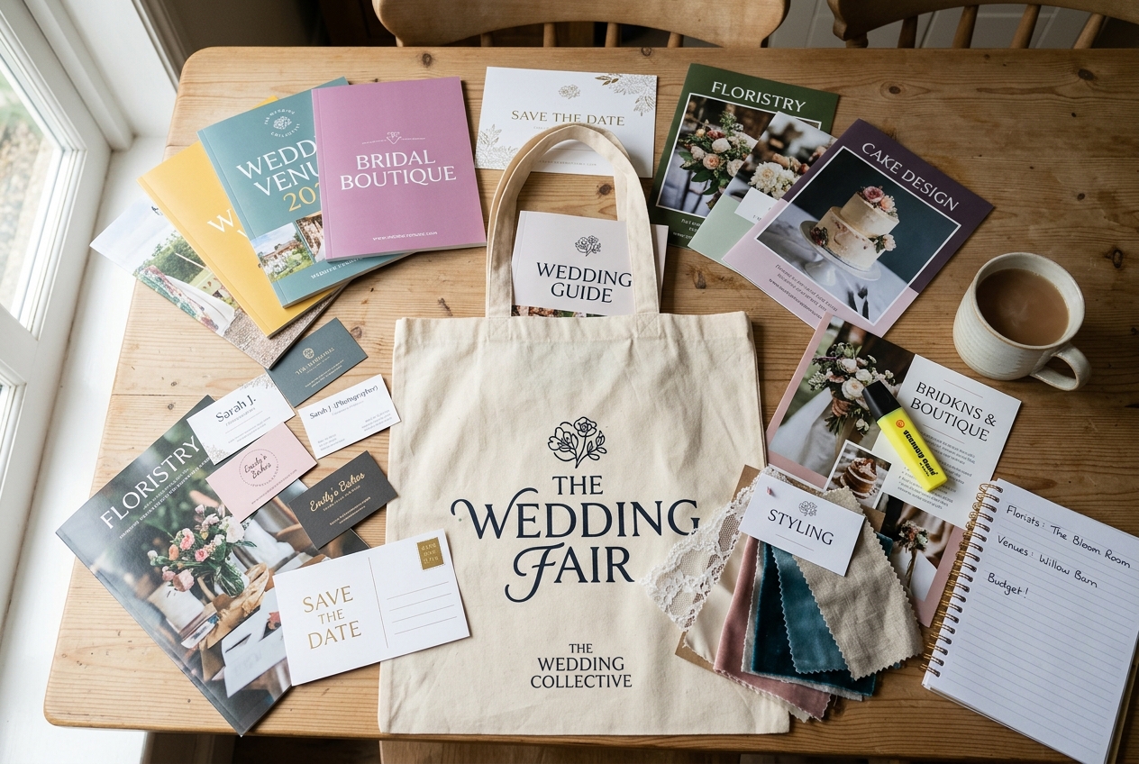 Wedding fair brochures, business cards, and samples spread on a kitchen table with tea and a highlighter